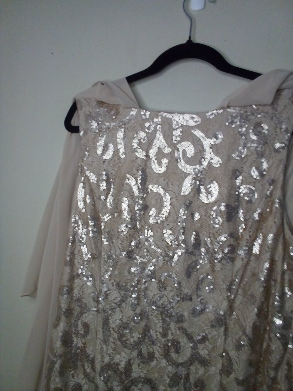 Alex Evenings Dress Women 16 Sleeveless Sheer Drape Sleeve Sequins Tan - Picture 5 of 15